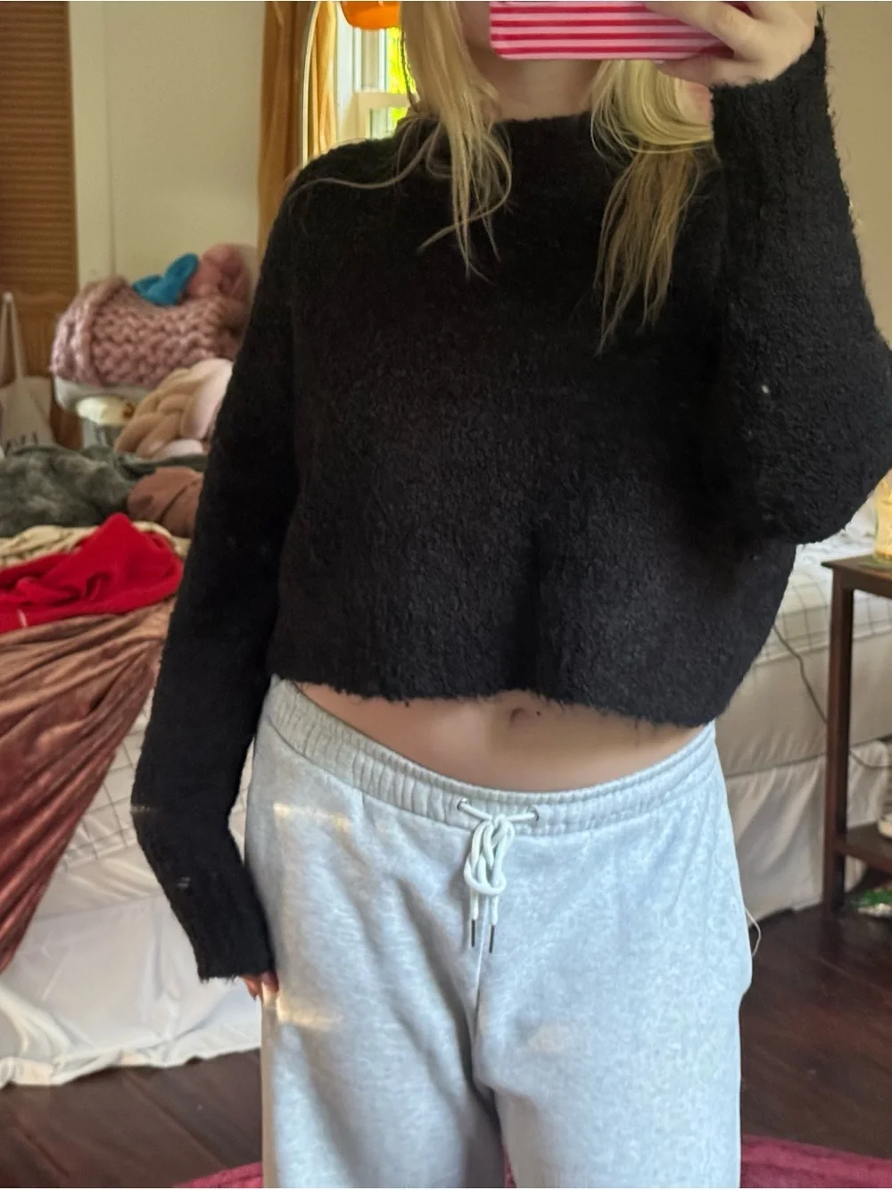 Free People Black Fuzzy Crewneck Sweater